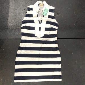 Sail to Sable White and Navy Blue Sleeveless Striped Dress.